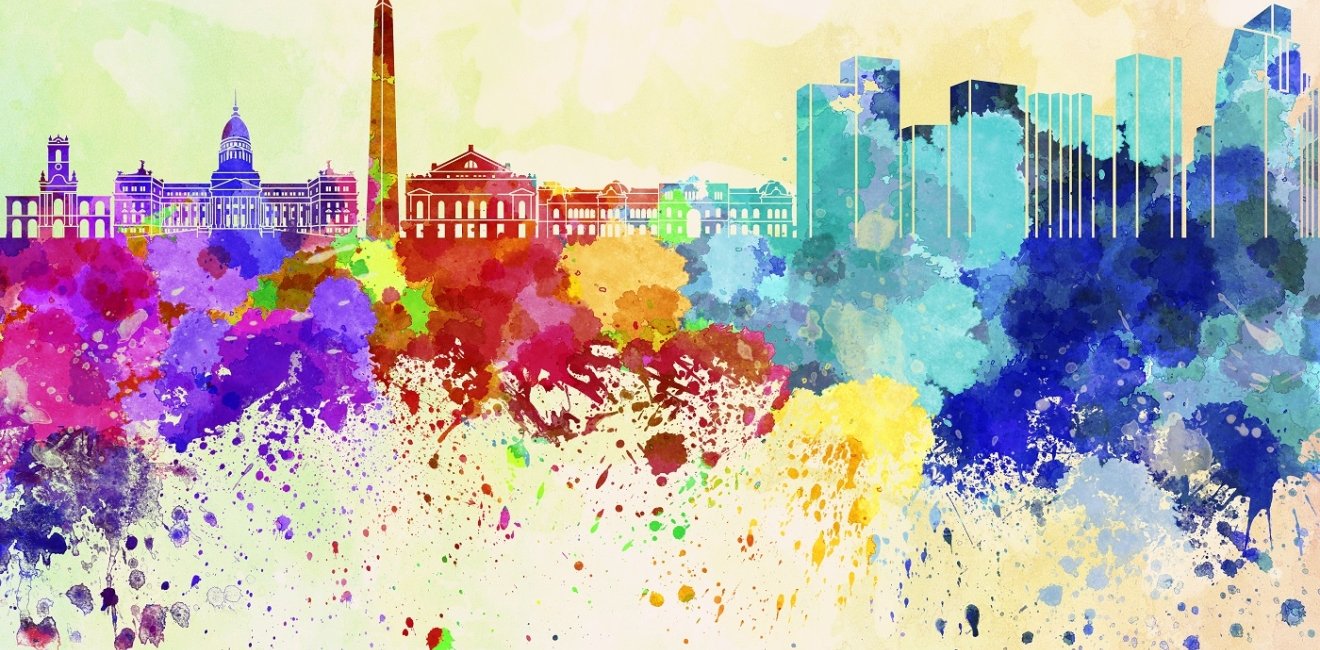 Splashes of multi color paint in the shape of distinctive Buenos Aires landmarks