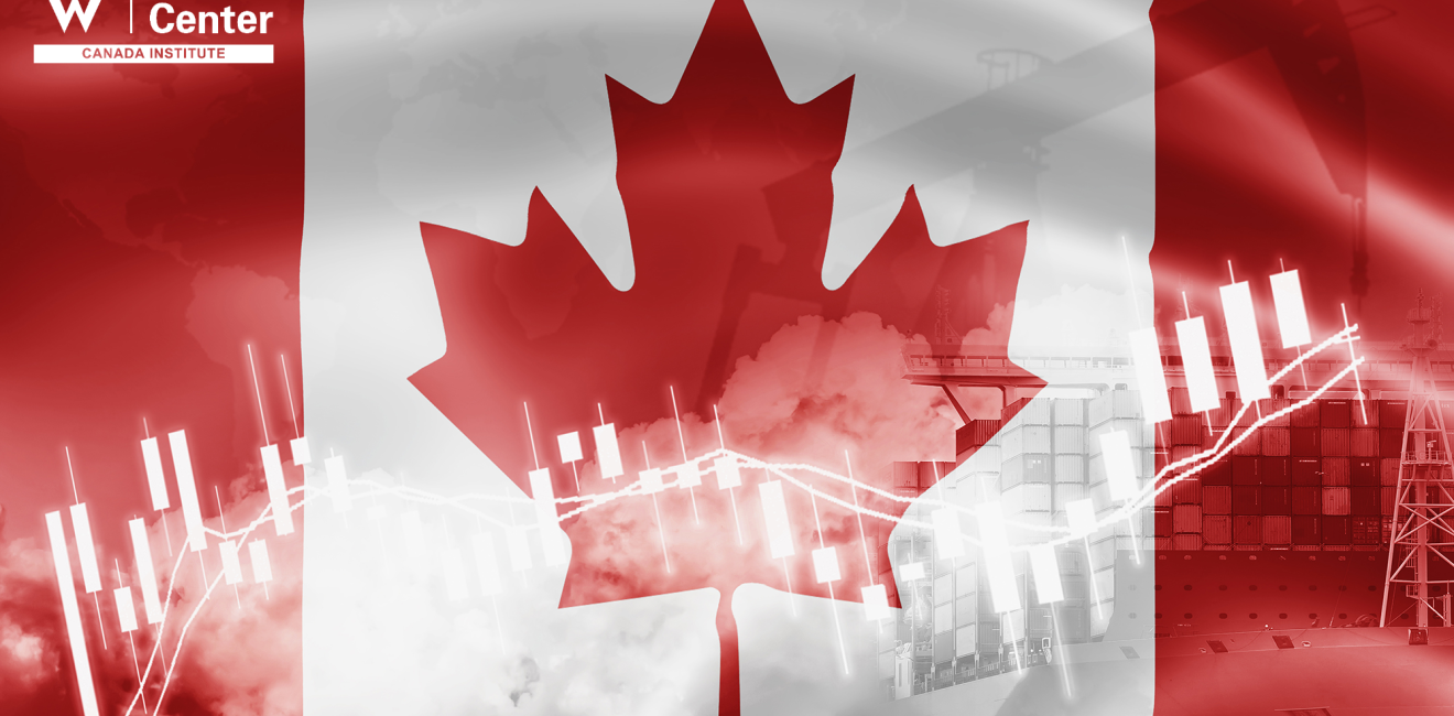 Canada flag, stock market, exchange economy and Trade, oil production, container ship in export and import business and logistics.