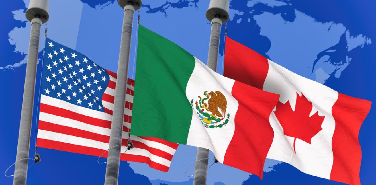 US Canada Mexico Flags over North America