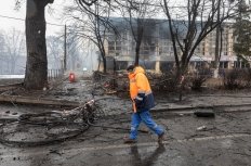 KYIV, UKRAINE - Mar. 02, 2022: War of Russia against Ukraine. View of a civilian sports club gym and sporting goods store damaged following a Russian rocket attack the city of Kyiv, Ukraine