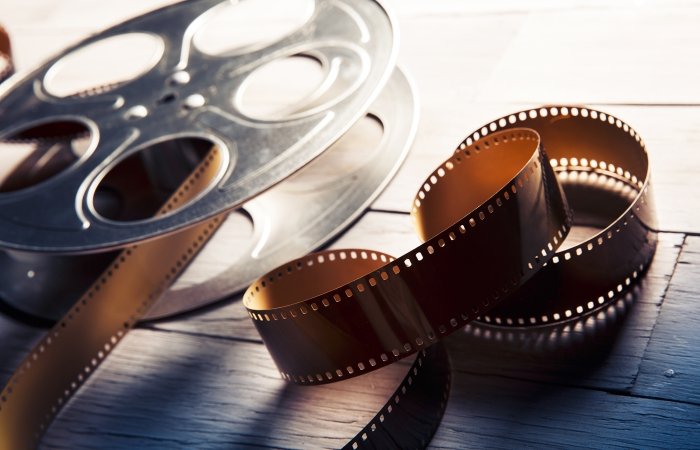 A film reel on a white background