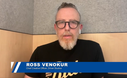 Image of Ross Venokur, with a name tag displayed below him that reads "Ross Venokur: Chief Creative Officer, Driver Studios"