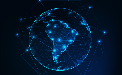 Globe connected by vectors focused on South America