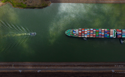 Aerial view of container ship in Panama Canal