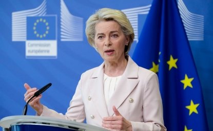 EU Commission President Ursula von der Leyen gives a presser following the announcement by Gazprom on the disruption of gas deliveries to certain EU Member States, in Brussels, Belgium, 27 April 2022