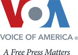 The logo of Voice of America with the tagline A Free Press Matters