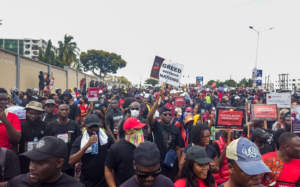 Accra, Ghana, October 5, 2024 - Ghanaians demonstrate against illegal gold mining and unlawful arrests. Anti-galamsey protests in Ghana.