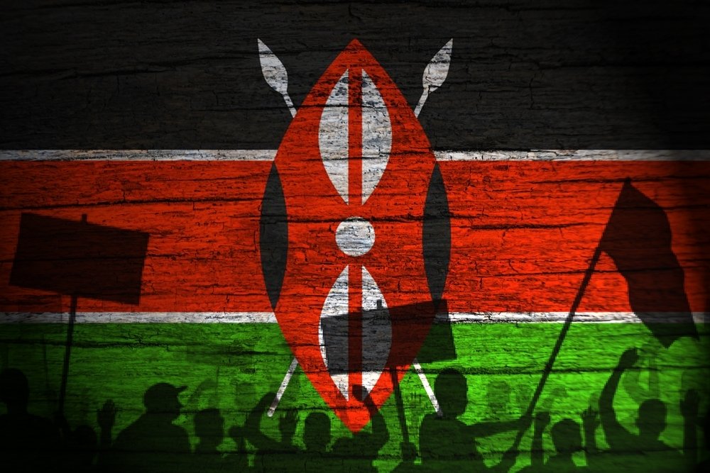 Kenyan Flag with Protestor Silhouettes 