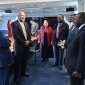 Ambassador Mark Green, Dr. Nancy Walker, and Michael Forster greet H.E. Ambassador Muchanga