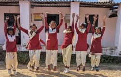 Rina, Manita, Pratima, Sabita, Sunita, and Poonam at their school in Angara, Ranchi in the Indian state of Jharkhand. Through the Ayushman Bharat School Health and Wellness Programme, girls are learning skills ranging from emotional well-being to mental health and maintaining a healthy lifestyle. 