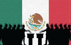 Silhouettes of voters in front of a Mexican flag