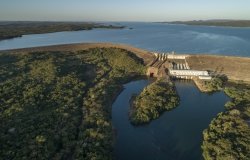 Aerial view of Manso Dam. The Manso Dam is a hydroelectric dam on the Manso River, a tributary of the Cuiabá River, in the state of Mato Grosso, Brazil 