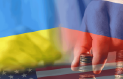 Russian Ukrainian and US Flags with coins