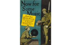 Poster by Charles Buckles, World War I soldier about to play a record, titled 'Now for some music', by Charles Buckles, ca 1917.