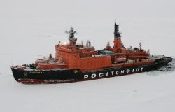 The Arctic Ocean - September 27, 2011: Russian nuclear-powered icebreaker Rossiya (Russia) is seen during its trip to the Russian drift station