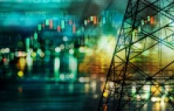 market stock graph and information with city light and electricity and energy facility industry and business banner background